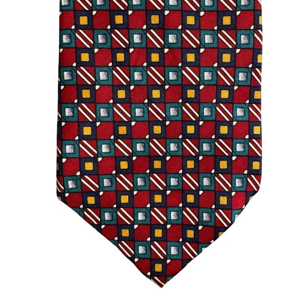 Pierre Cardin Mens Silk Tie Red Navy Teal Geometric Square Pattern Made in USA
